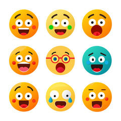 Fototapeta premium Collection of nine vibrant emoticon faces on white background