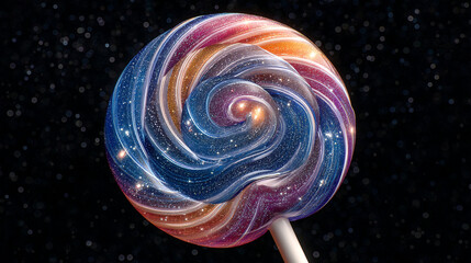 A vibrant galaxy lollipop with swirling colors against a dark background