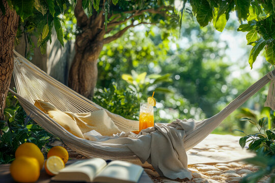 A cozy hammock is set between trees, holding a book and a refreshing drink, surrounded by bright greenery and sunlight