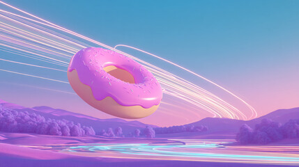 A doughnut with pink frosting floating over a surreal purple landscape