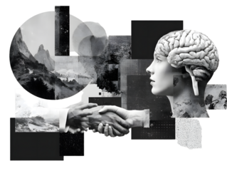 Black and white hands and human's brain. Modern collage style. Illustration on transparent background