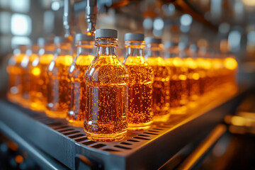 Rows of golden sparkling drink bottles fill the production line in a busy beverage factory, illuminated by afternoon light