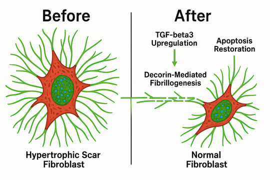 Scientific illustration comparing hypertrophic scar fibroblast and normal fibroblast, showing cellular changes and molecular pathways.