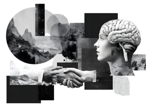 Black and white hands and human's brain. Modern collage style. Illustration on transparent background - Powered by Adobe