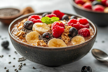 A nutritious bowl filled with yogurt, topped with sliced bananas, blueberries, raspberries, granola, and chia seeds, ready to enjoy