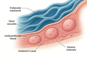 Detailed illustration of the trabecular meshwork, juxtacanalicular tissue, and Schlemm's canal in the eye, showing giant vacuoles and aqueous channels.