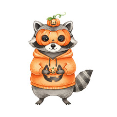 Cute raccoon in halloween pumpkin hoodie and mask, kawaii halloween raccoon clipart, adorable spooky animal illustration, halloween raccoon costume PNG