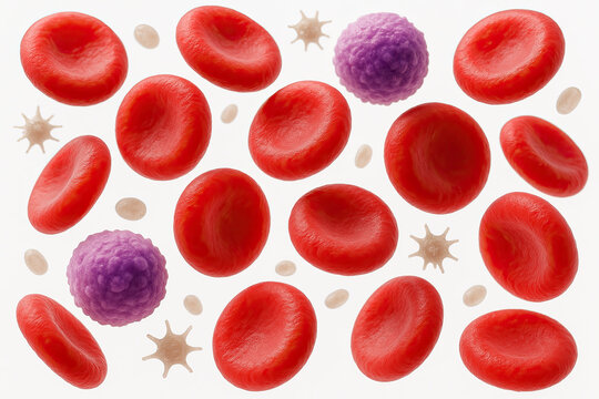 Realistic 3D illustration of red blood cells, white blood cells, and platelets floating in the bloodstream.