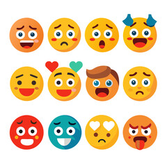 Twelve cheerful and expressive emoji icons on a white background