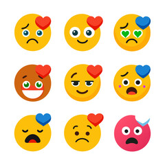 Collection of flat emoji faces expressing love emotions