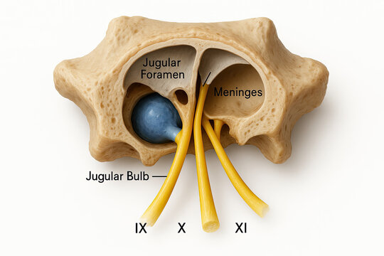 Anatomical illustration of the jugular foramen and associated structures, showing cranial nerves IX, X, XI, the jugular bulb, and meninges.