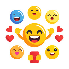 Flat design happy emojis with red hearts on white background