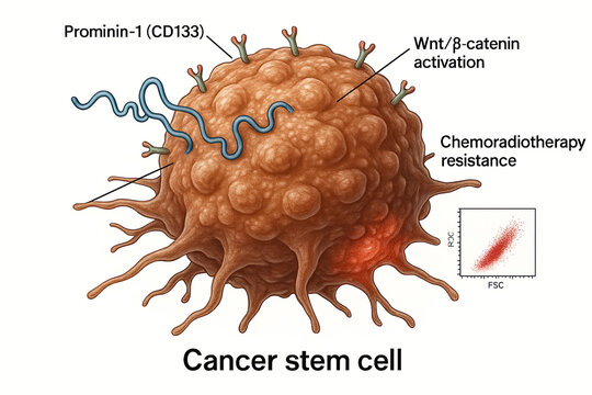 Illustration of a Cancer Stem Cell with Labels for Prominin-1, Wnt/beta-catenin Activation, and Chemo-radiotherapy Resistance, Including a Flow Cytometry Plot
