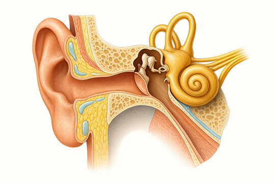 Detailed anatomical illustration of the human ear, showing the outer, middle, and inner ear structures.