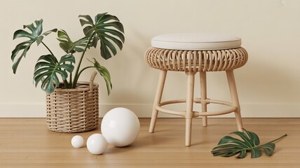 Modern boho stool with woven rattan design, monstera plant, and minimalist decor for creating a relaxing, stylish, and inviting interior space