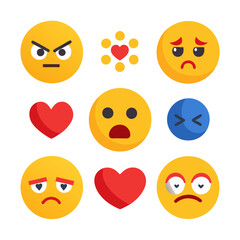 Various emoji faces with emotions and heart shape icons