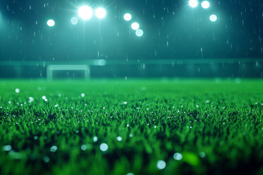 Rain creates a shiny effect on the grass of a football field while lights illuminate the scene during a night game