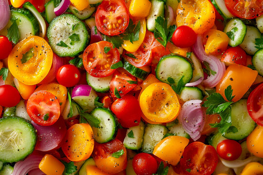 A vibrant mix of sliced tomatoes, cucumbers, and onions is garnished with fresh parsley on a wooden surface, showcasing healthy ingredients