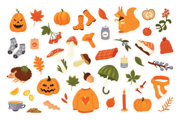 Autumn stickers pack set vector illustration. Cartoon autumn collection with fall acorn and edible mushrooms, Halloween pumpkin, orange leaf of maple oak and chestnut, cozy warm plaid hot tea isolated