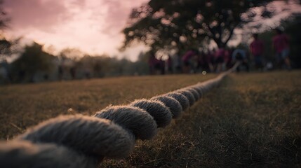 Thick rope laid across grass for an outdoor team game with blurred figures in the background at sunset