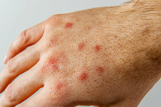 A hand is displayed with a skin rash featuring red spots, highlighting texture and color variations under soft lighting