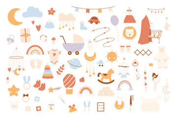 Boho baby clipart set for newborn girls and boys. Cartoon nursery bohemian simple collection with animal toys decor for cute bedroom, cradle and clothes isolated on white. Kids decoration concept