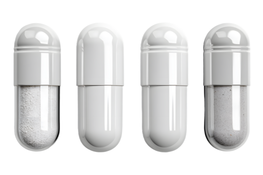 White medical capsules or pills for treatment isolated on transparent background, medicine and healthcare concept, top view