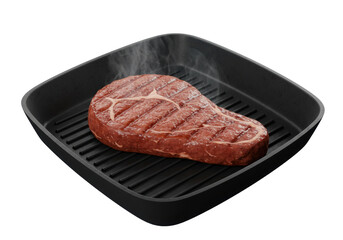Isolated raw beef steak cooking in a hot cast iron grill pan with rising steam ready for a delicious meal preparation