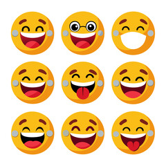 Fototapeta premium Collection of varied yellow happy face emojis with distinct expressions