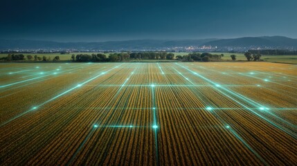 Digital transformation in agriculture showcasing vast farmland with glowing data lines representing precision farming and technology integration at dusk