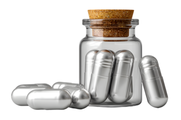 White medical capsules or pills for treatment and plastic bottle isolated on transparent background, medicine and healthcare concept