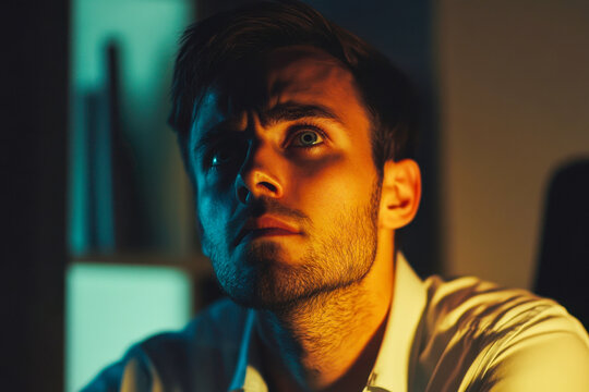 A young man sits in a softly lit room, gazing upwards with a thoughtful expression on his face during a calm evening