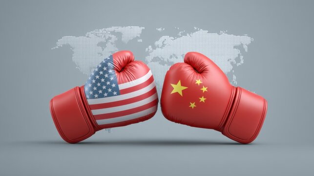 Symbolic Representation of Trade Conflict Between United States and China with Boxing Gloves Displaying Flags on a World Map Background - Powered by Adobe