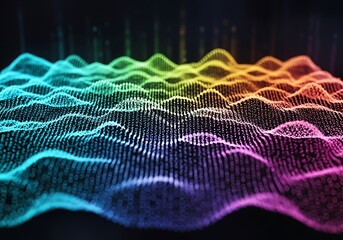Digital terrain undulating brightly with gradient particles visual