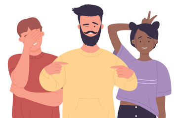 Joke and fun time of three best friends vector illustration. Cartoon guys and girl standing together in city park, group of happy male and female students laughing isolated. Friendship concept
