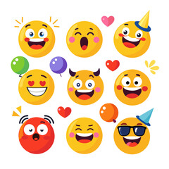 Collection of cheerful emoji icons expressing diverse emotions