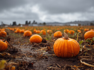 Rainy Pumpkin Field on a Autumn Day with Water Drops