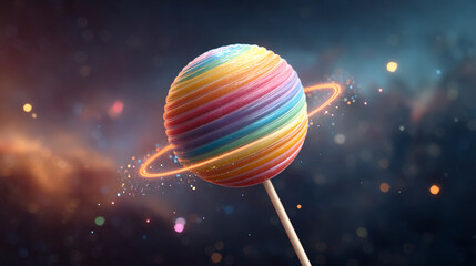 A colorful striped lollipop with a glowing ring against a dark background