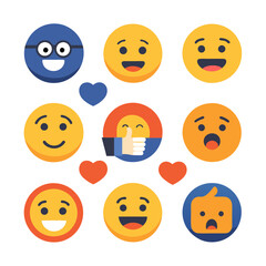 Group of flat style emoji and heart icons