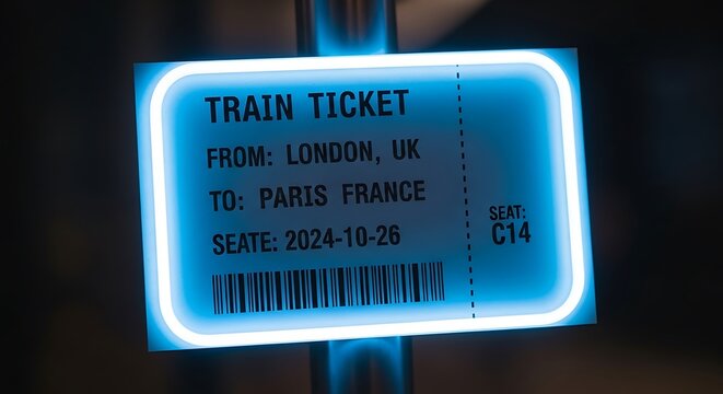 Futuristic train ticket with neon glow effect indicating travel between London and Paris