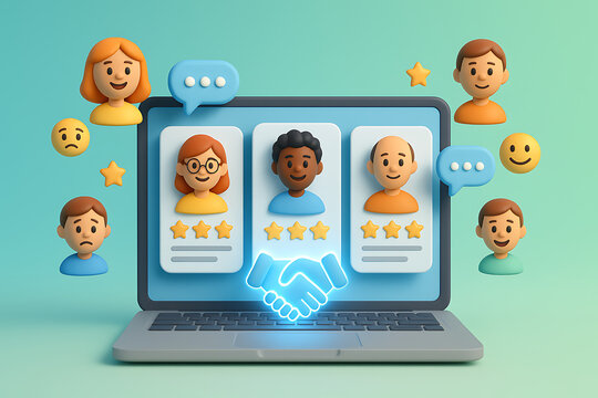 Laptop screen showing job applicants with star ratings, handshake, and happy and sad avatars, representing recruitment, hiring, human resources, and customer feedback management