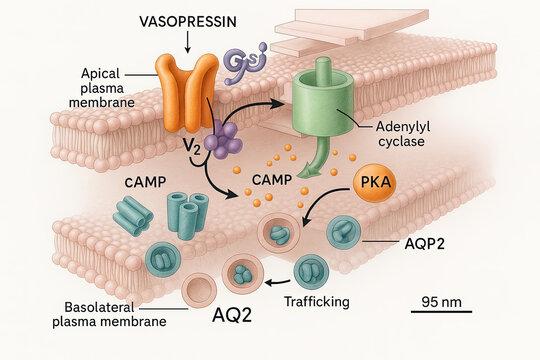 Vasopressin signaling pathway leading to AQP2 trafficking in kidney collecting duct cells. This illustration depicts the activation of adenyl cyclase and PKA by vasopressin binding to V2 receptors, ul