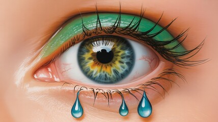 Emotional eye with vibrant green eyeshadow and realistic tears conveying sadness, vulnerability, and the power of human expression in beauty concepts