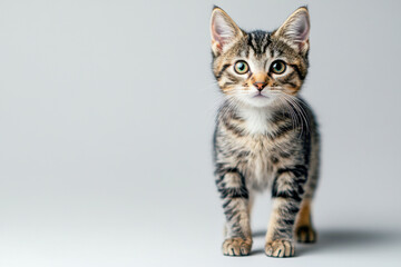 Fototapeta premium A curious tabby kitten stands on a light grey surface, gazing intently with big, bright eyes and alert ears, showcasing playful energy