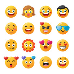 Collection of sixteen cheerful and expressive emoji icons
