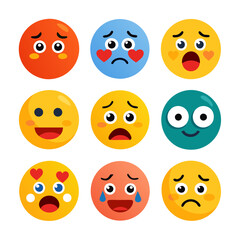 Fototapeta premium Collection of nine colorful emoji faces on white background