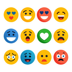 Twelve assorted vector emojis displaying various emotional expressions