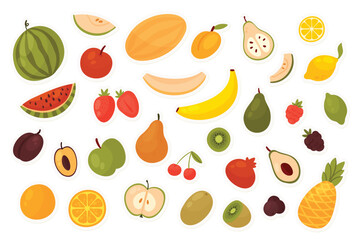 Fruit and berry, food stickers set vector illustration. Cartoon slices and whole apple raspberry lemon orange banana strawberry watermelon pear pineapple blackberry plum isolated on blue background