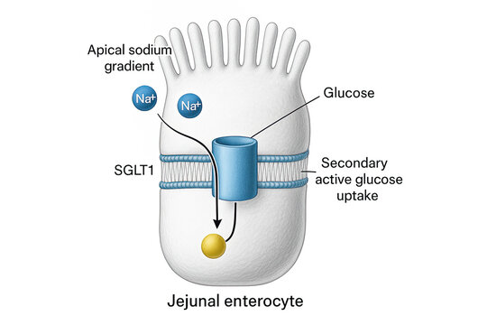 Illustration of sodium-glucose cotransporter 1 (SGLT1) function in a jejunal enterocyte, depicting secondary active glucose uptake driven by an apical sodium gradient.