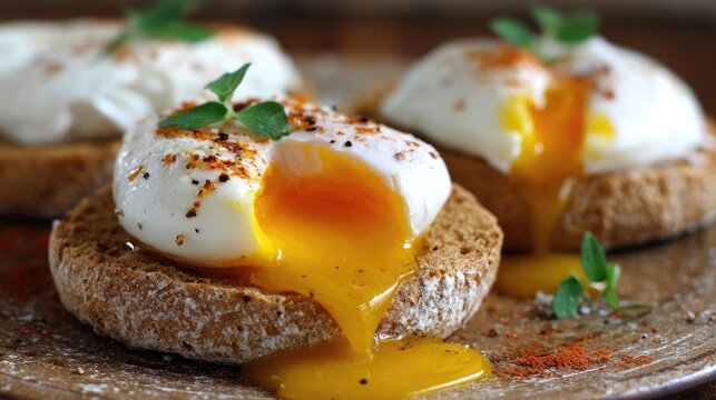 Freshly Prepared Poached Eggs on Whole Grain Toast with Spices and Herbs for a Delicious Breakfast Experience